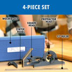 PEC Tools 4-Piece Combination Square (Hardened) - 4R 12" Metal Blade with Hardened Cast Iron Heads, Reversible Protractor, Center Finder, Square Head with Level Vial & Scribe Tool - Made in USA