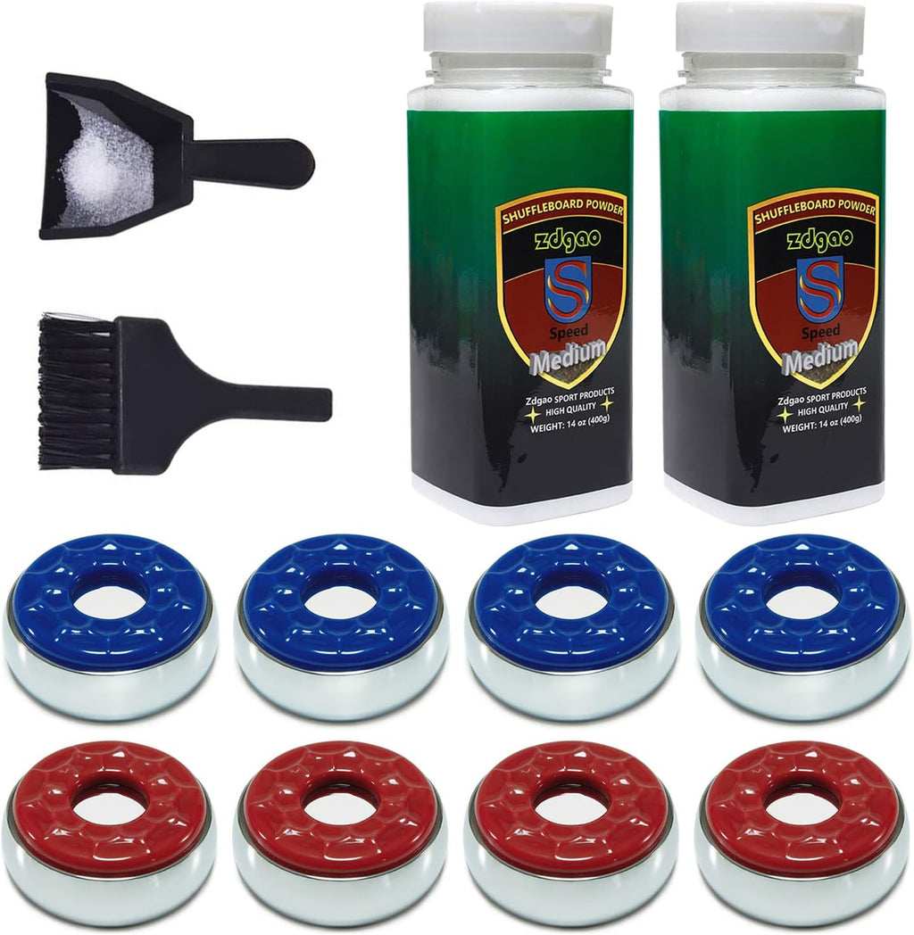 Shuffleboard Pucks w/ 2 Cans Shuffleboard Wax, Mini Dustpan and Brush for Shuffleboard Table, Complete Shuffleboard