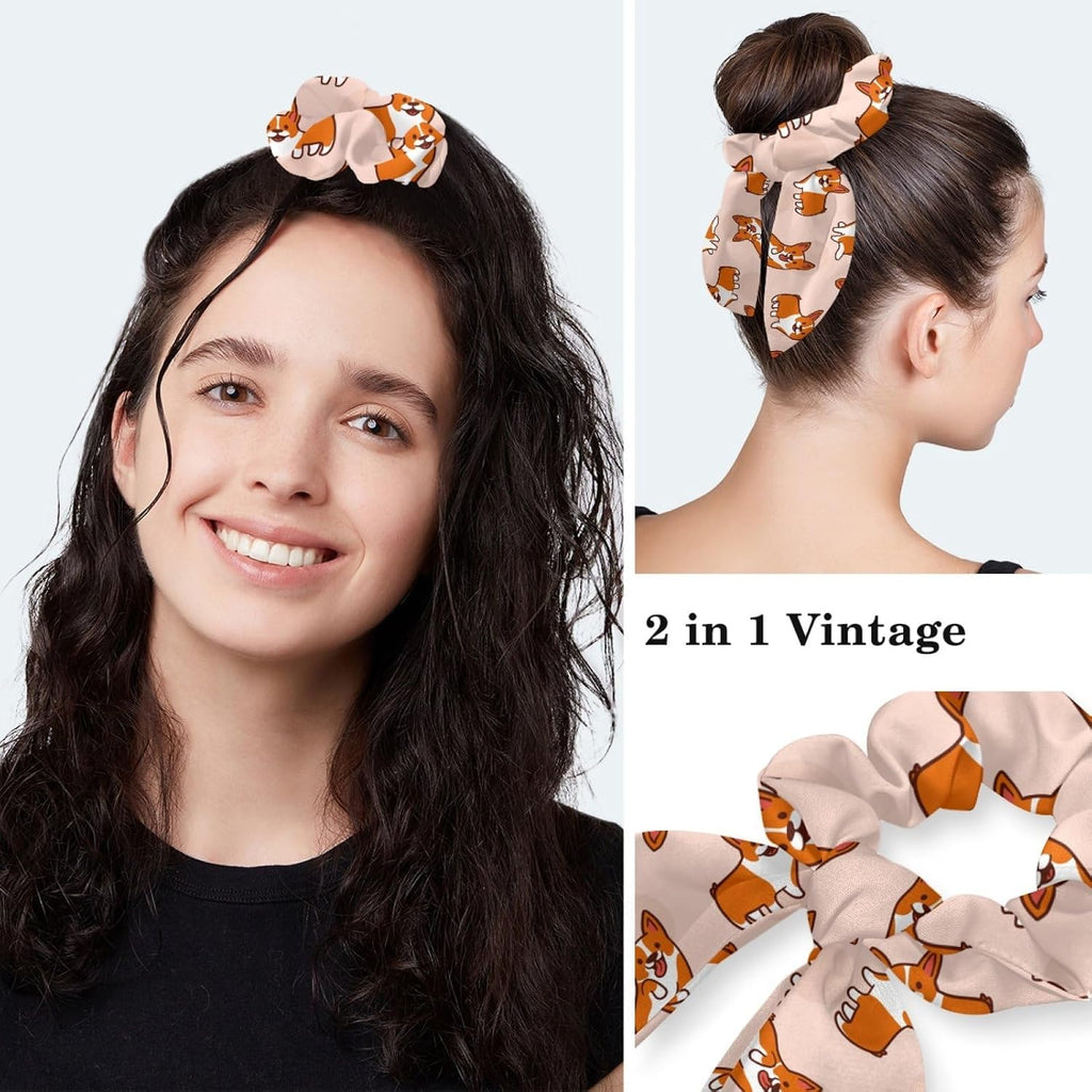 Corgis Dog Animal Women Surgical Cap with Buttons, Long Hair Scrub Hat with Bow Hair Scrunchy Ponytail Holder