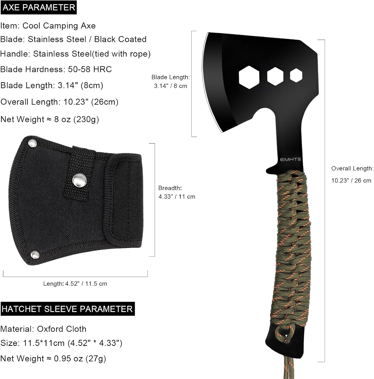 Camping Axe Small Hatchet with 3 Hex Wrenches, Rope Handle | 10 inch Full Tang Construction, Stainless Steel, Outdoor