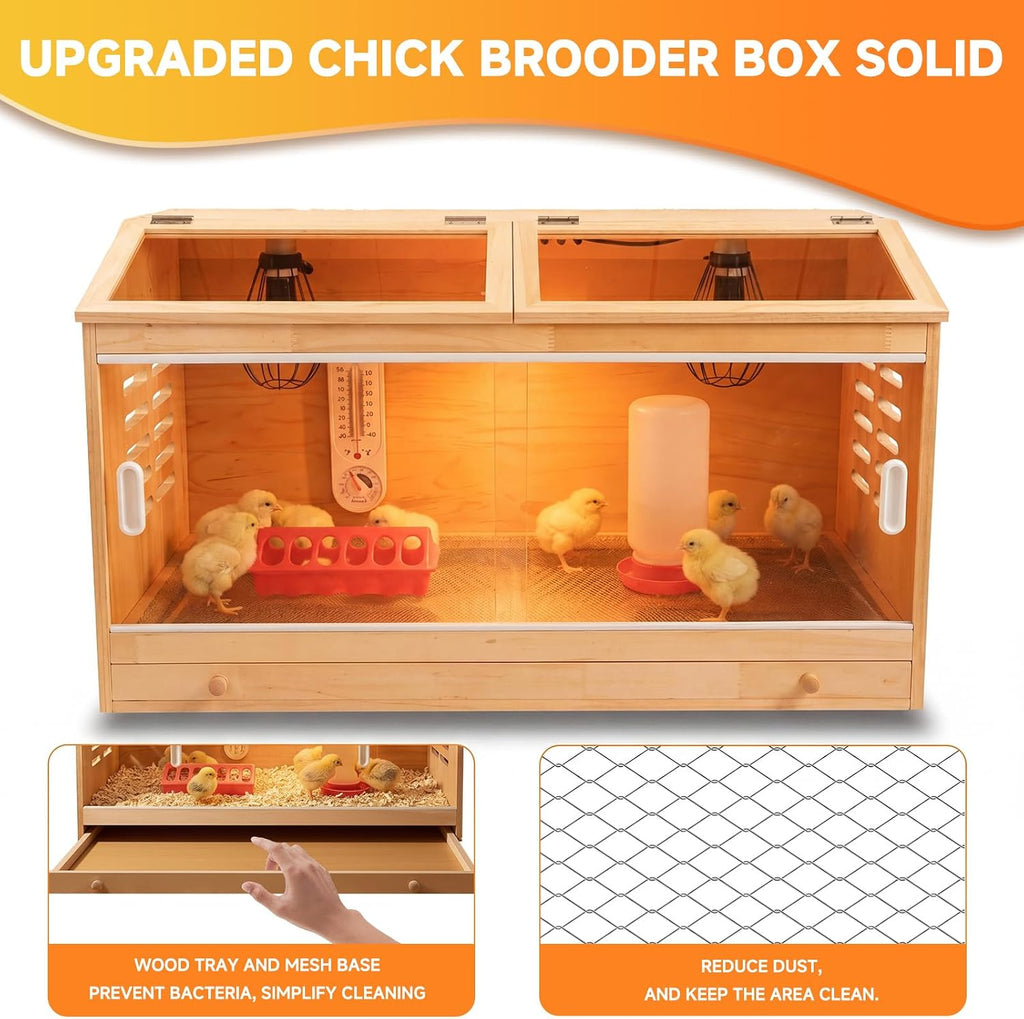 Chicken Brooder Box for Chicks with Adjustable Heating Lamps, Large Wooden Indoor Chick Brooder with Pull-Out Tray