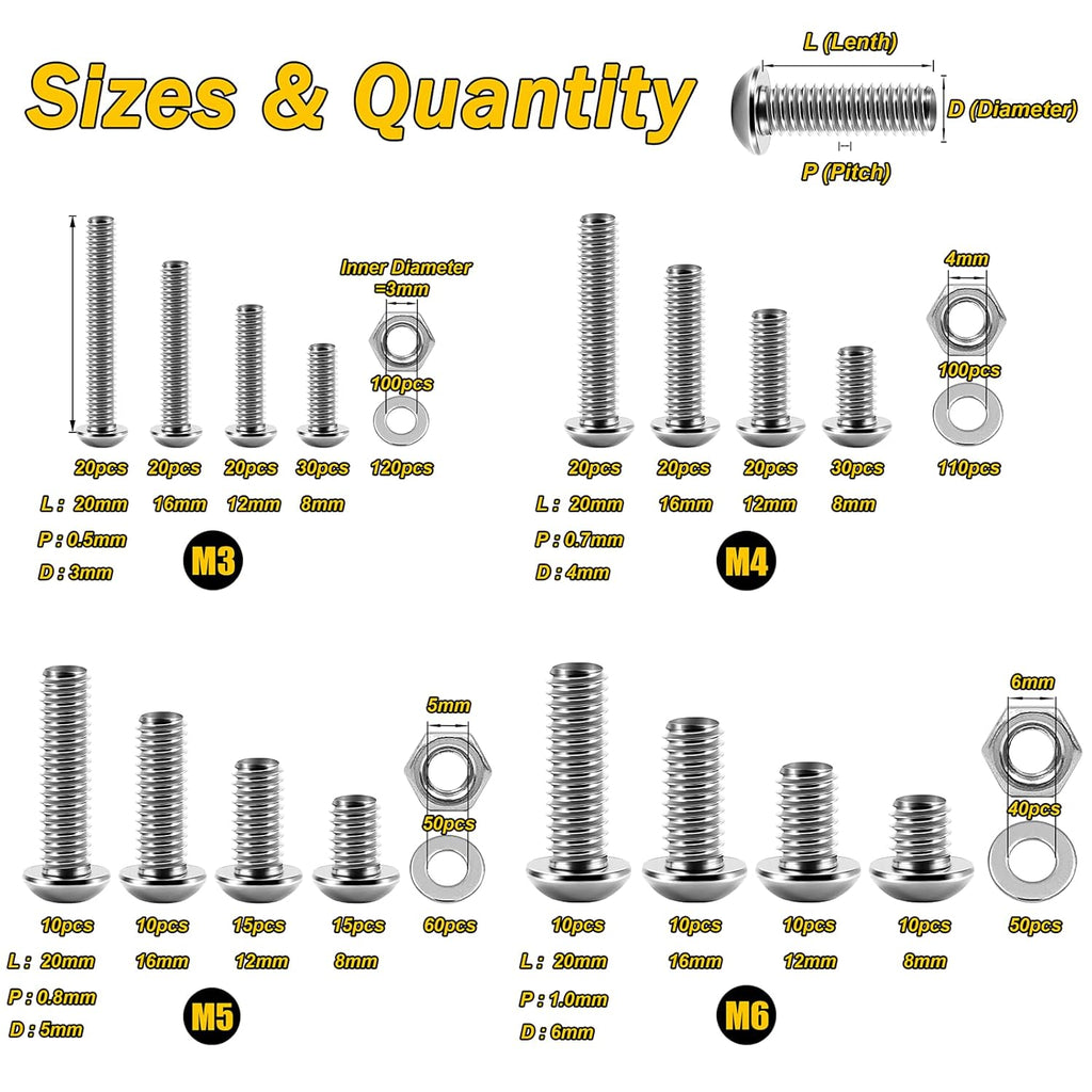 900Pcs Metric Screw Assortment, M3 M4 M5 M6 Screw Assortment Kit 304 Stainless Steel Hex Socket Button Head Socket