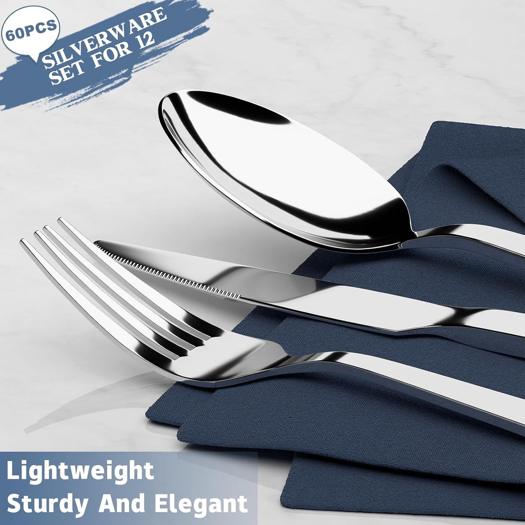 60 Piece Silverware Set, Stainless Steel Flatware Set for 12