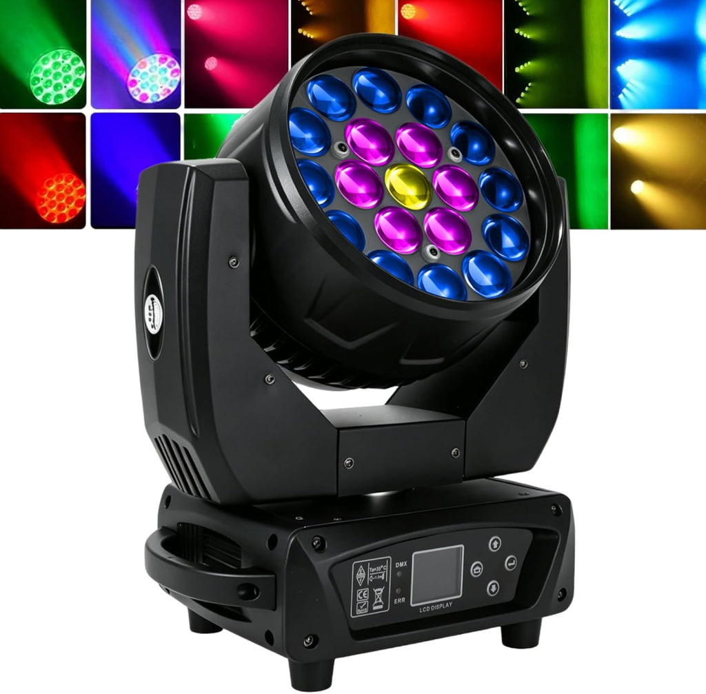 19x15W Moving Head DJ Light, RGBW Zoom LED Stage Lights | Beam/Wash/Zoom Stage Effects, Sound Active & DMX512
