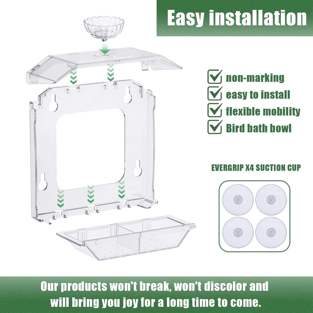 Clear Window Bird Feeder with Strong Suction Cups – Clear Bird Feeding Station with Dual Seed Tray & Water Bowl –