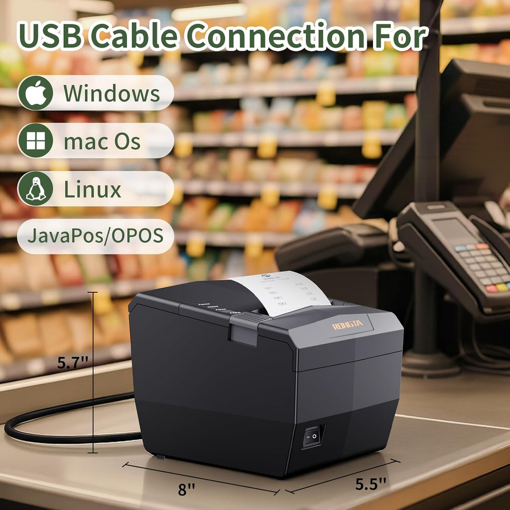 POS Receipt Printer, 80mm Thermal Printer with USB/Serial/Ethernet and Auto Cutter for Kitchen and Retail Use, Cash