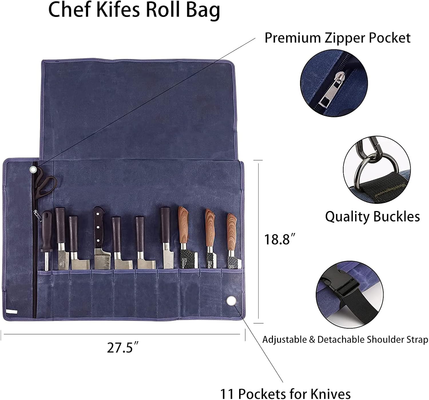 Chef’s Knife Roll Bag,Waxed Canvas Knife Cultery Carrier, Portable Chef Knife Cases,Knife Pouch Holders With 10 Slots