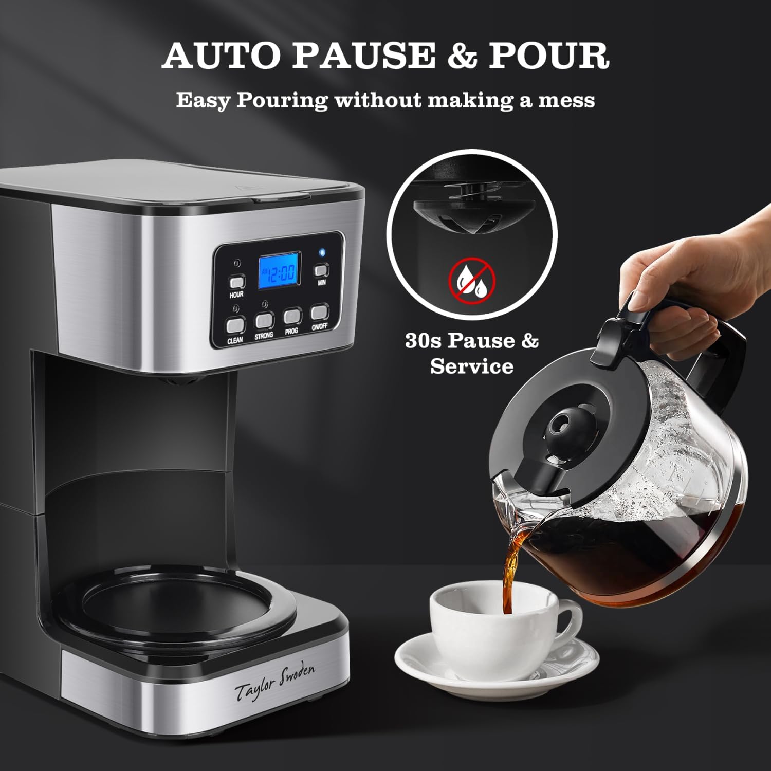 12-Cup Programmable Coffee Maker, Black & Stainless Steel | Regular & Strong Brew Drip Coffee Machine for Home and