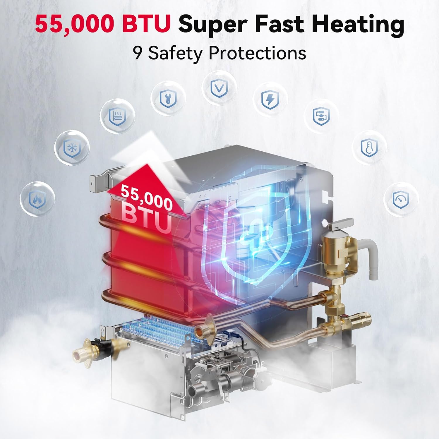55,000 BTU RV Tankless Water Heater, 2.9 GPM Propane Instant Hot Water System with 12V DC, Remote & Wall Mount