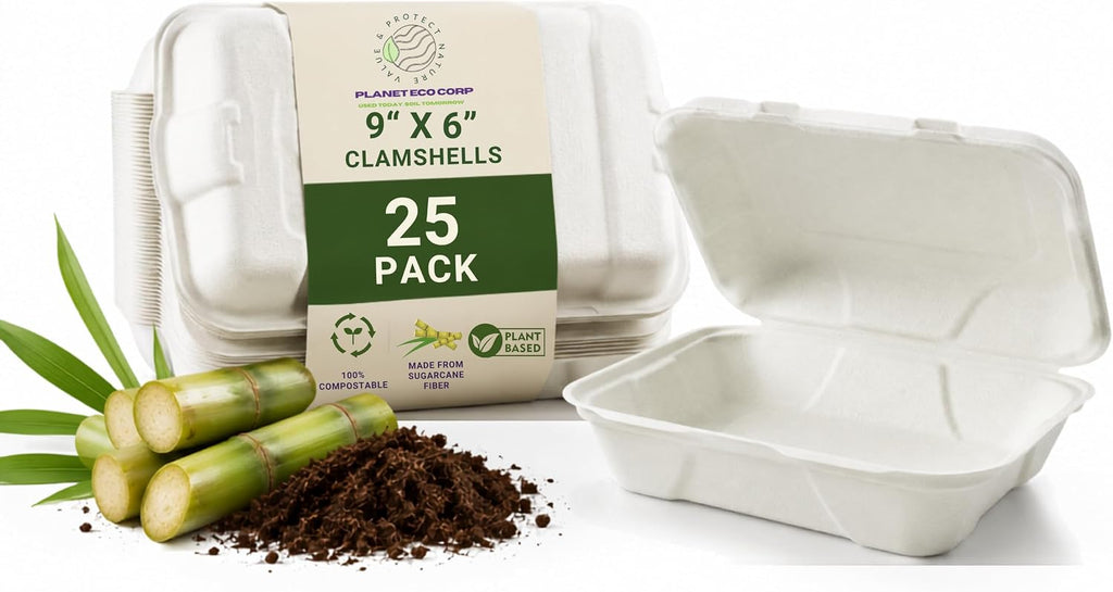 9x6 Compostable Take Out Containers with Lids, 25 Pack - Hinged Clamshell to Go Boxes, Heavy Duty Sugarcane Bagasse