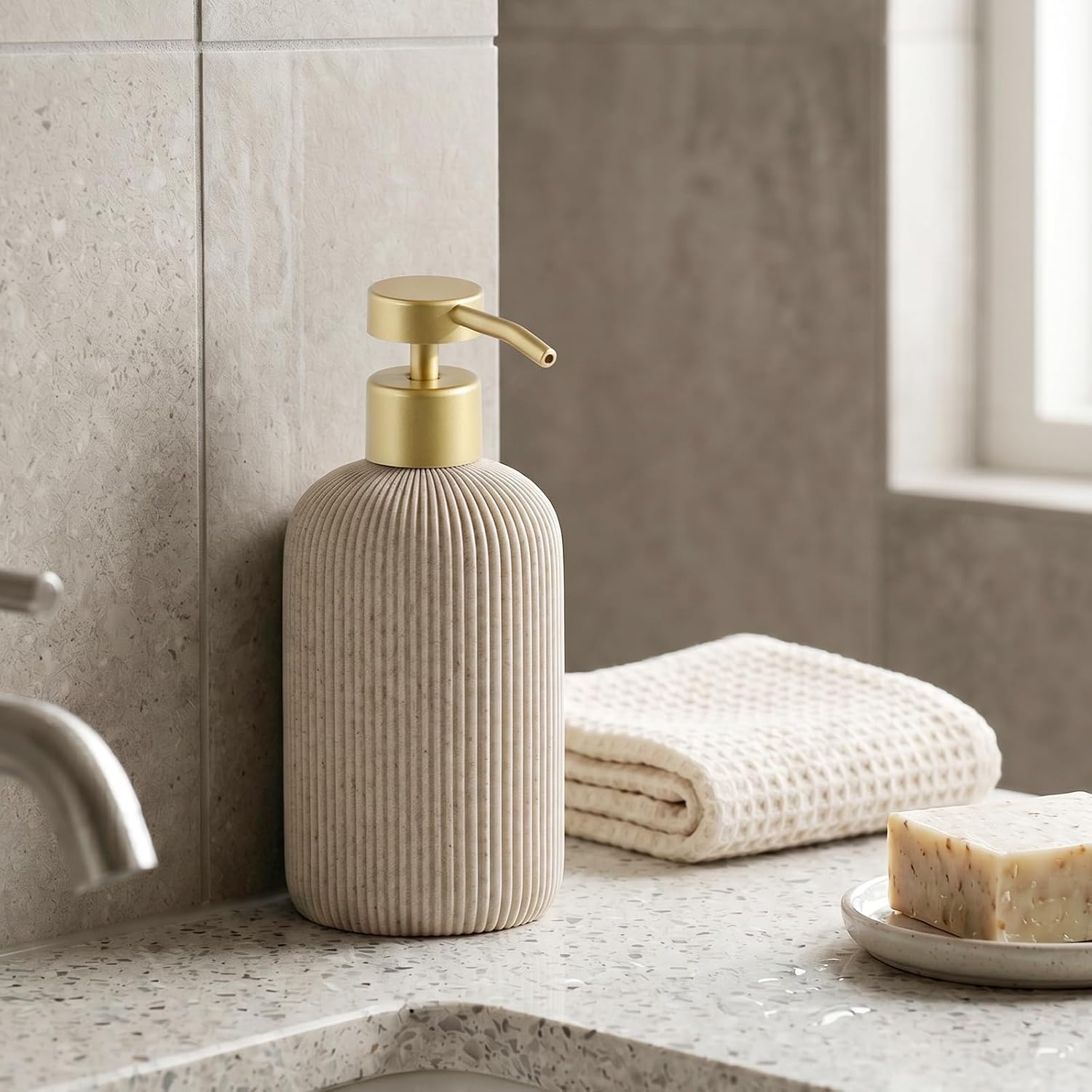 Soap Dispenser14.2OZ, 2PCS Luxurious Stripe,Beige, Gold Pump | Modern,Hand Dish Soap Dispenser Set, Refillable Lotion