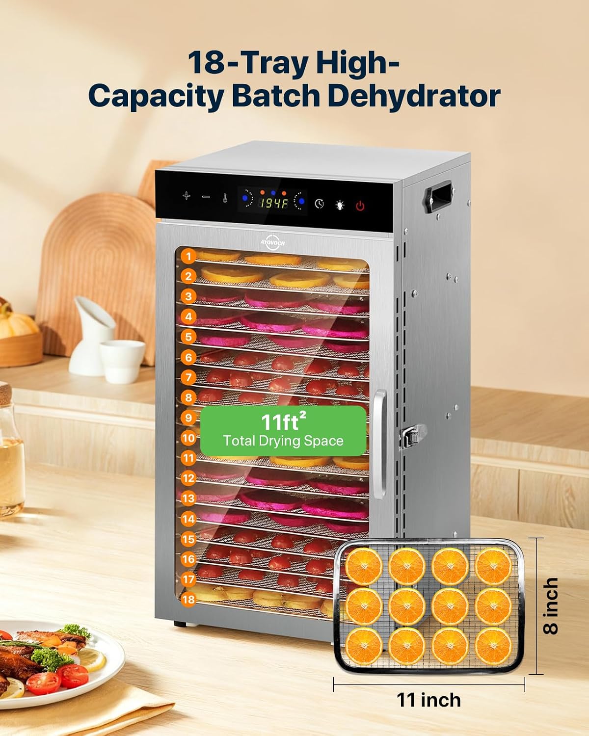 Food Dehydrator Machine 18Tray, 800W Dual Fan Fast Drying, 24H Timer, 86-194℉ Control, Noise Below 45dB, LED Panel