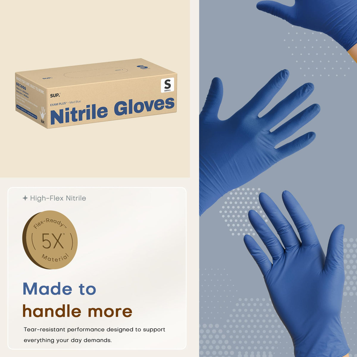SUP Exam Plus Nitrile Gloves, Powder-Free Disposable Med Blue 1000 Ct (S)