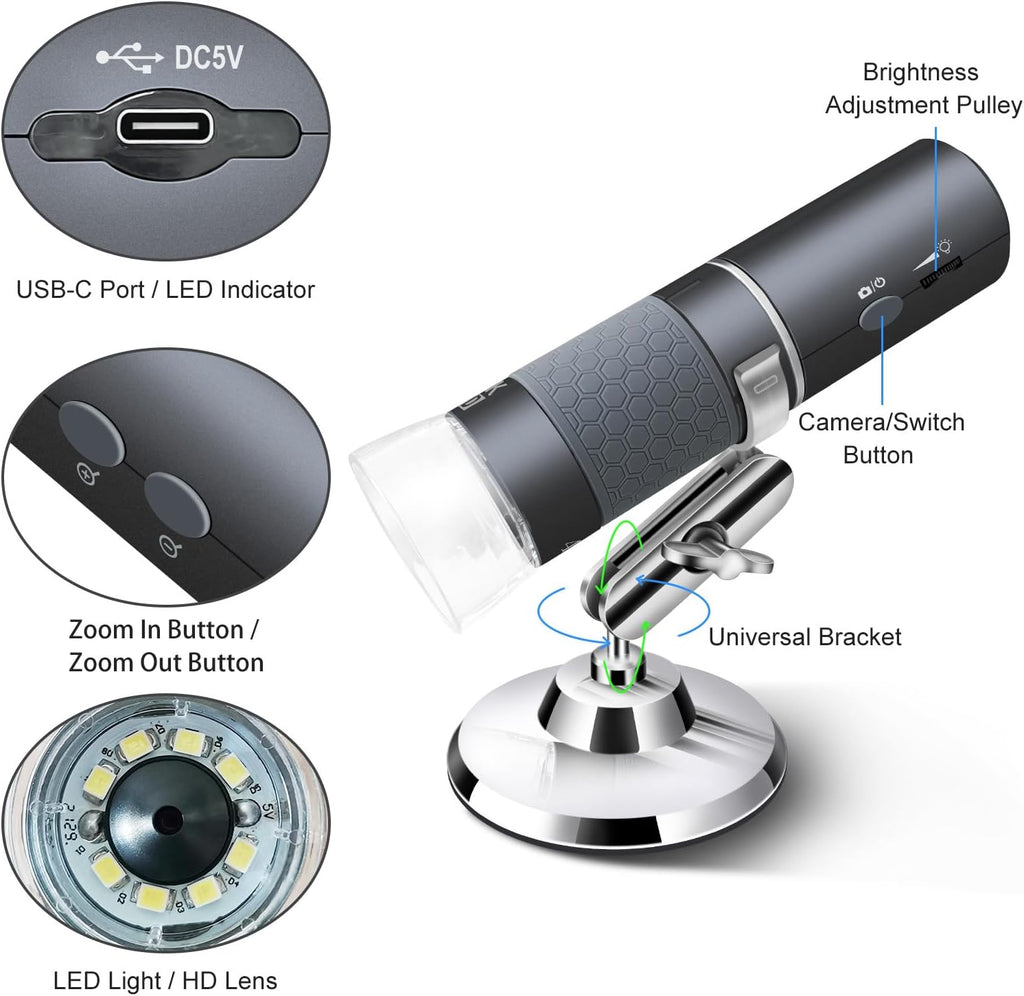 4K WiFi Microscope for iPhone Android PC, 50-1000X USB Digital Microscope Wireless Super HD Endoscope Camera