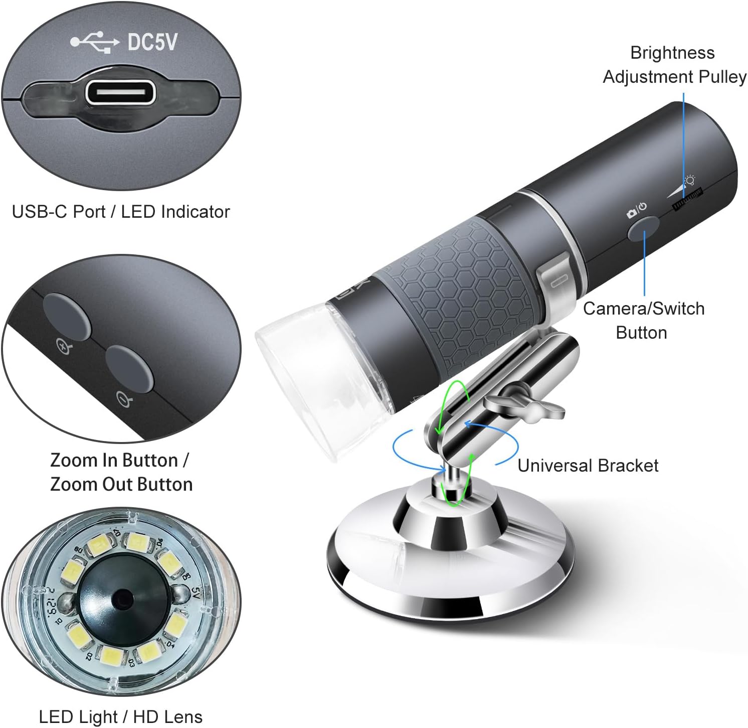4K WiFi Microscope for iPhone Android PC, 50-1000X USB Digital Microscope Wireless Super HD Endoscope Camera
