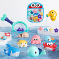 Bath Toy for Toddlers 6-12-18 Months, No-Hole Bathtub Toys with Baby Bath Animals, Wind-Up Turtles, Fishing Net &