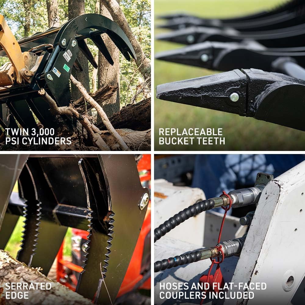 60" Extreme Root Grapple Rake Attachment, Universal Quick Tach Connection, Twin 3,000 PSI Cylinders, Replaceable