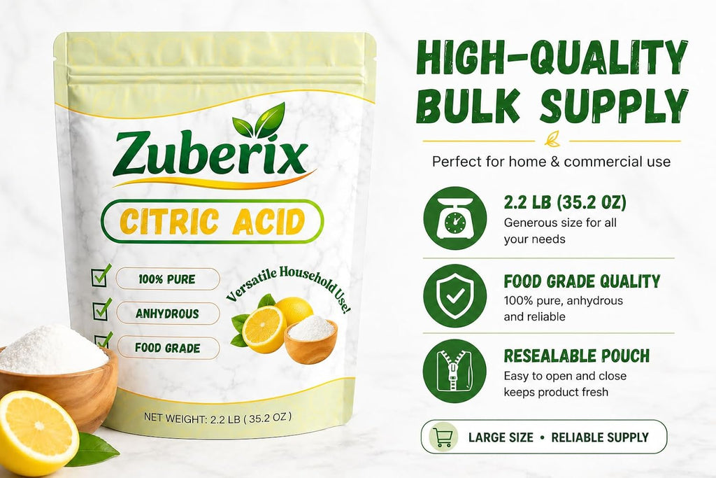 Zuberix 100% Pure Citric Acid Powder, Food Grade, Multi-Purpose, 2.2 lbs