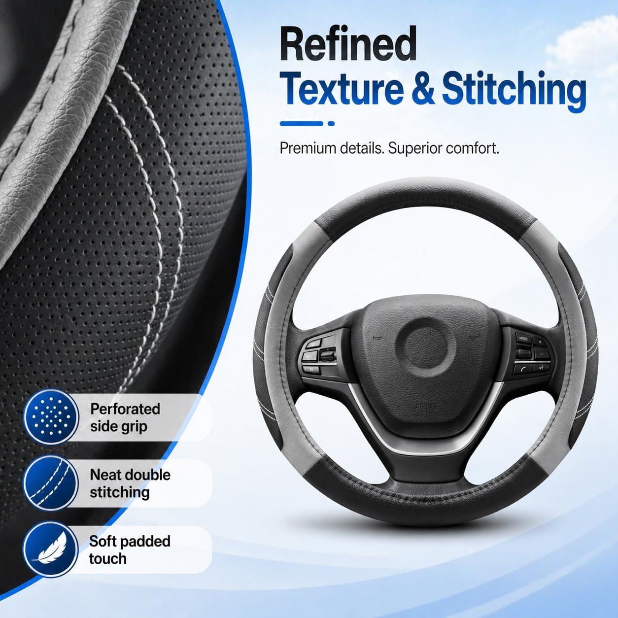 Microfiber Leather Steering Wheel Cover for 14.5" to 15" Wheels, Soft Padded Grip, Textured Anti-Slip Inner Lining