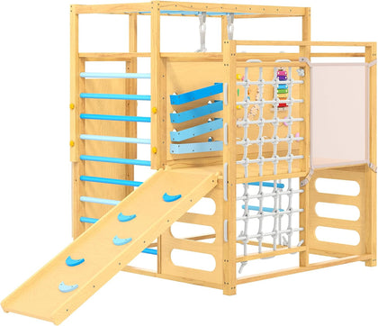 9-in-1 Indoor Jungle Gym, Montessori Wooden Indoor Playground for Kids 2-8, Wooden Climbing Structure with Slide