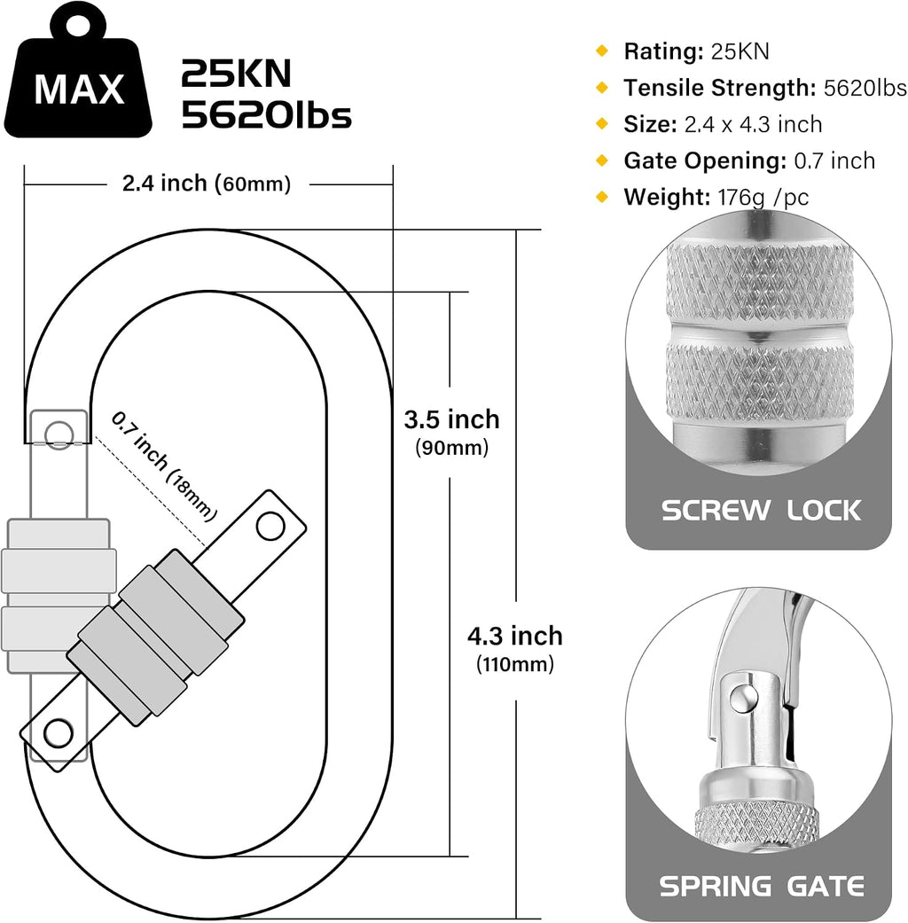Heavy Duty Climbing Carabiner, Rated 25kN(5620lbs), Screw Locking Carabiner Clip, Oval Shape Carabiner for