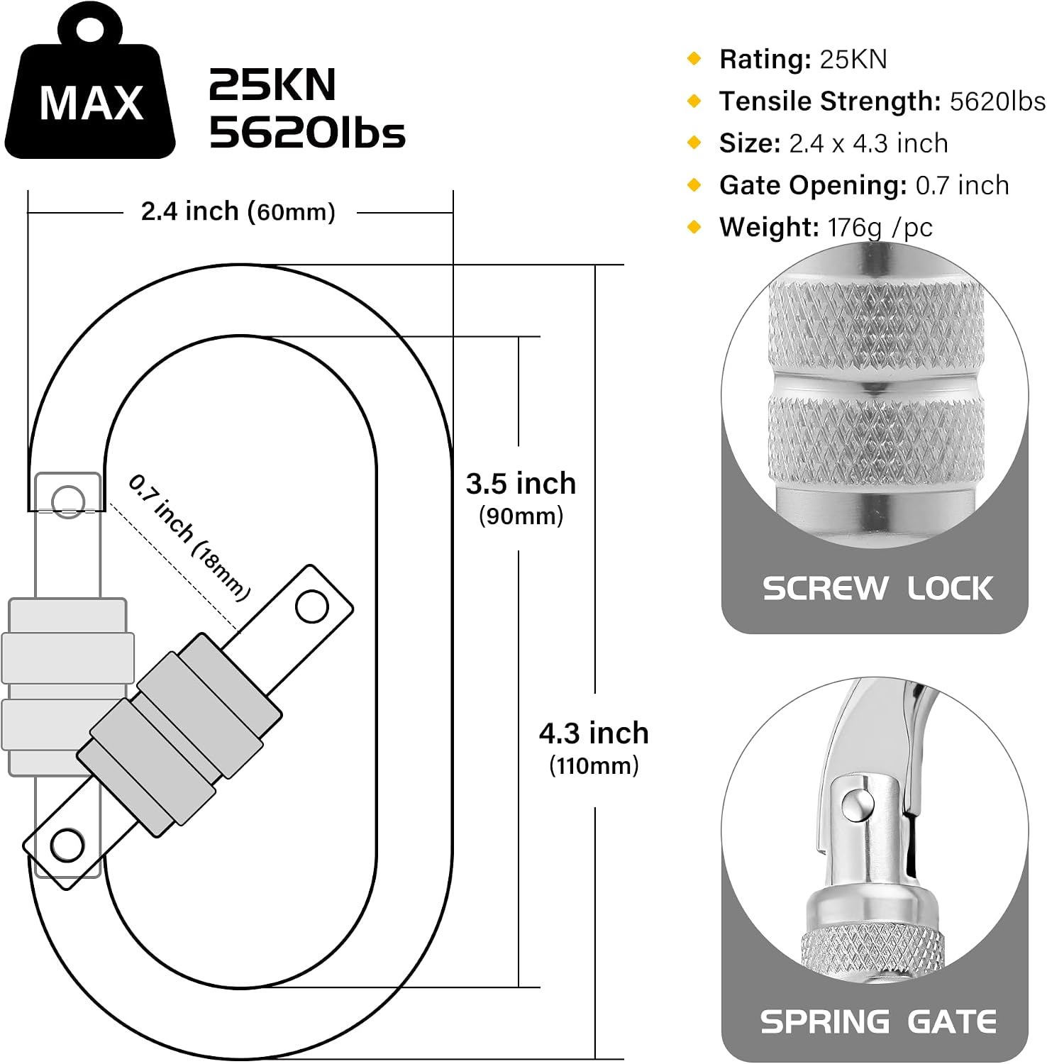 Heavy Duty Climbing Carabiner, Rated 25kN(5620lbs), Screw Locking Carabiner Clip, Oval Shape Carabiner for