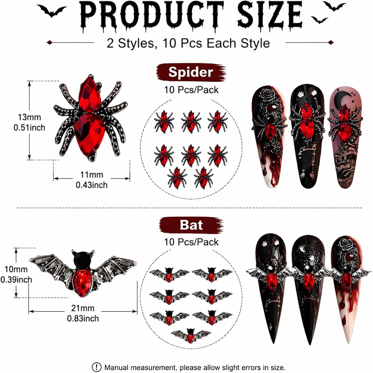 Halloween 3D Bat Spider Nail Art Charms Rhinestones 20 Pcs