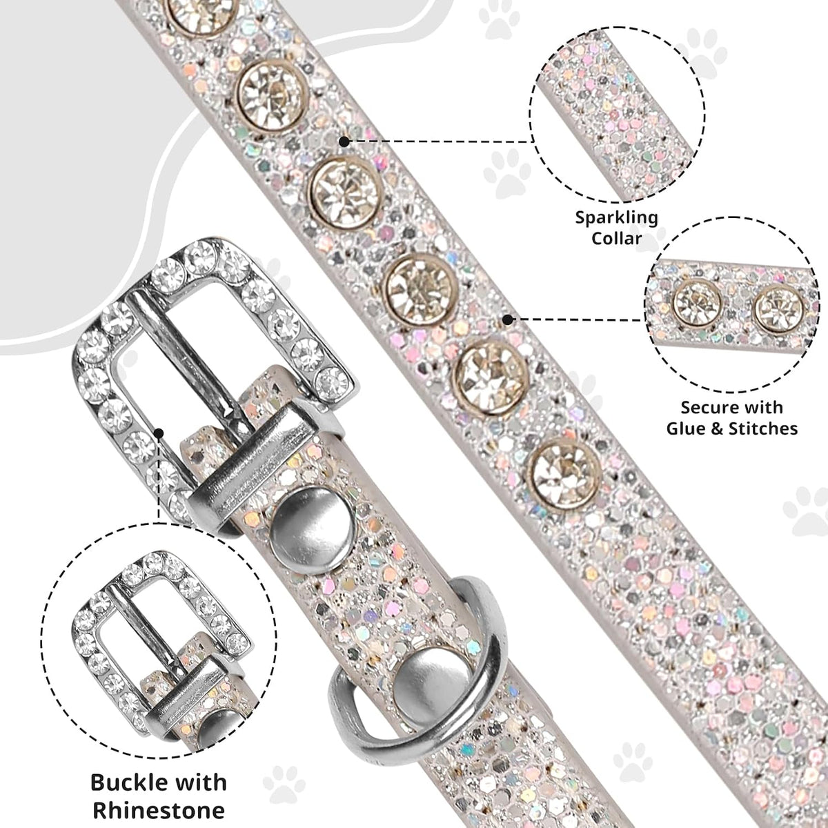 Pet Bling Accessories Cat and Dog Rhinestone Collar PU Leather Adjustable Collar (Extra Small, Silver)