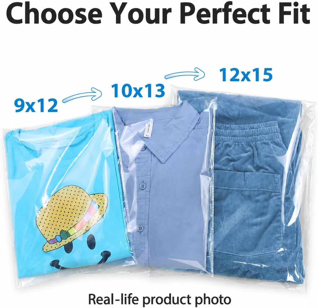 9x12 Clear Cellophane Bags for T-shirts & Prints, Self-Sealing
