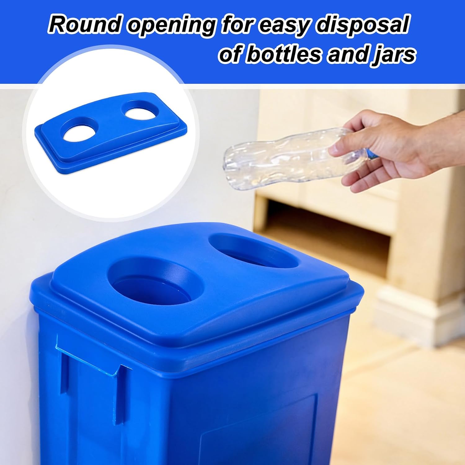 2 Pcs Recycle Bin Lids Each with Two Bottles & Cans Openings Plastic Blue Fit 23 Gallon Slim Trash Can for Waste