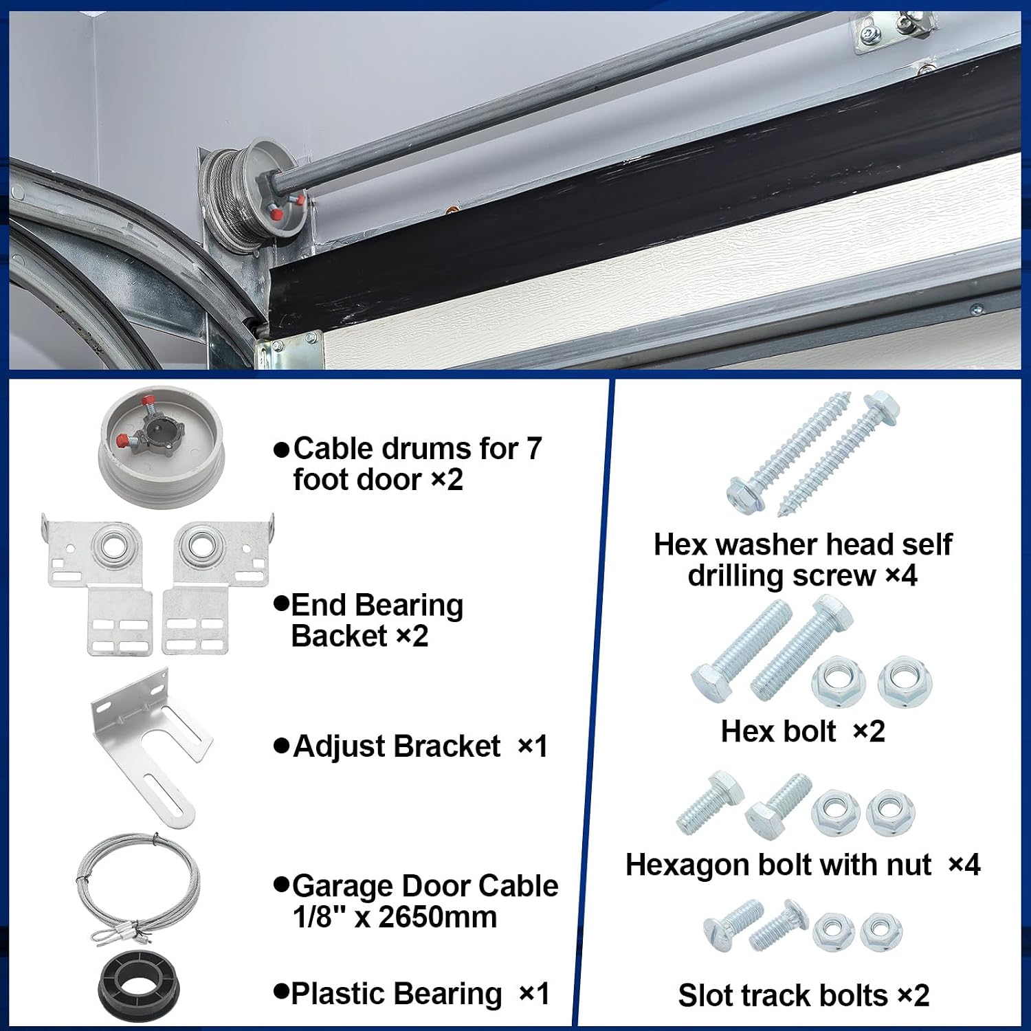 Garage Door Torsion Spring Kit for 7 Feet High Garage Doors Includes Cable Rollers, Cables, Brackets and Hardware