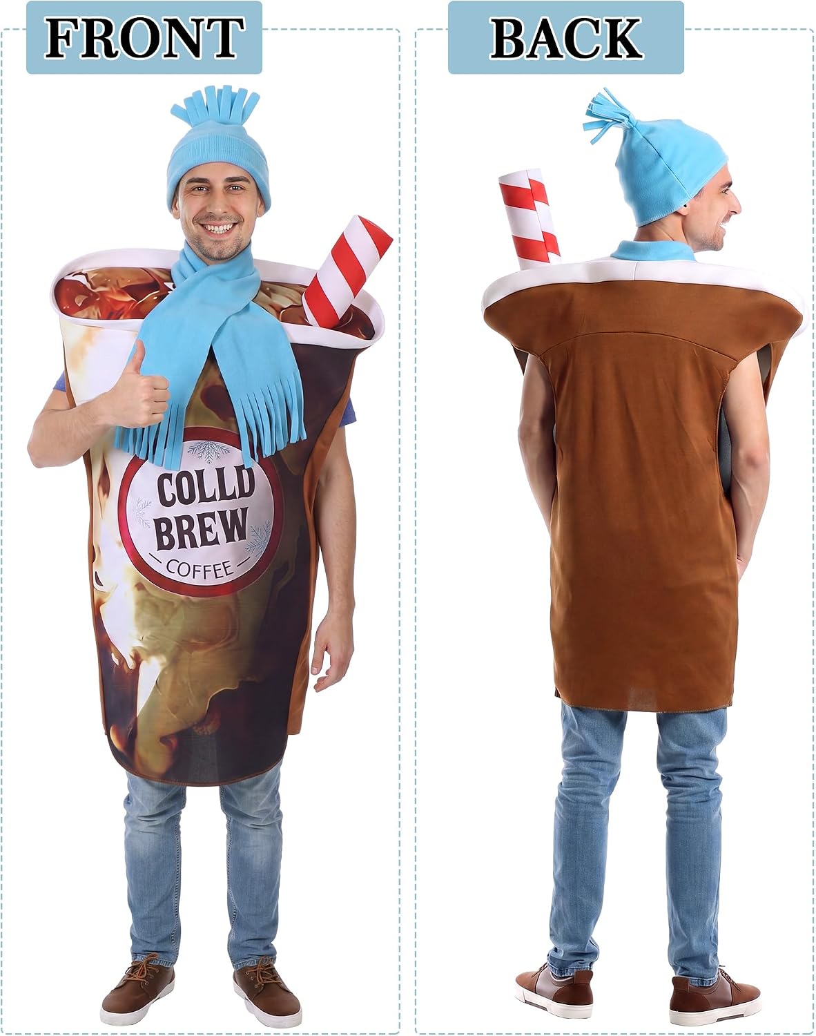 Halloween Cold Brew Coffee Cup Costume with Blue Hat Scarf for Adult | One Size Fits Most, Cold Brew Coffee Cup