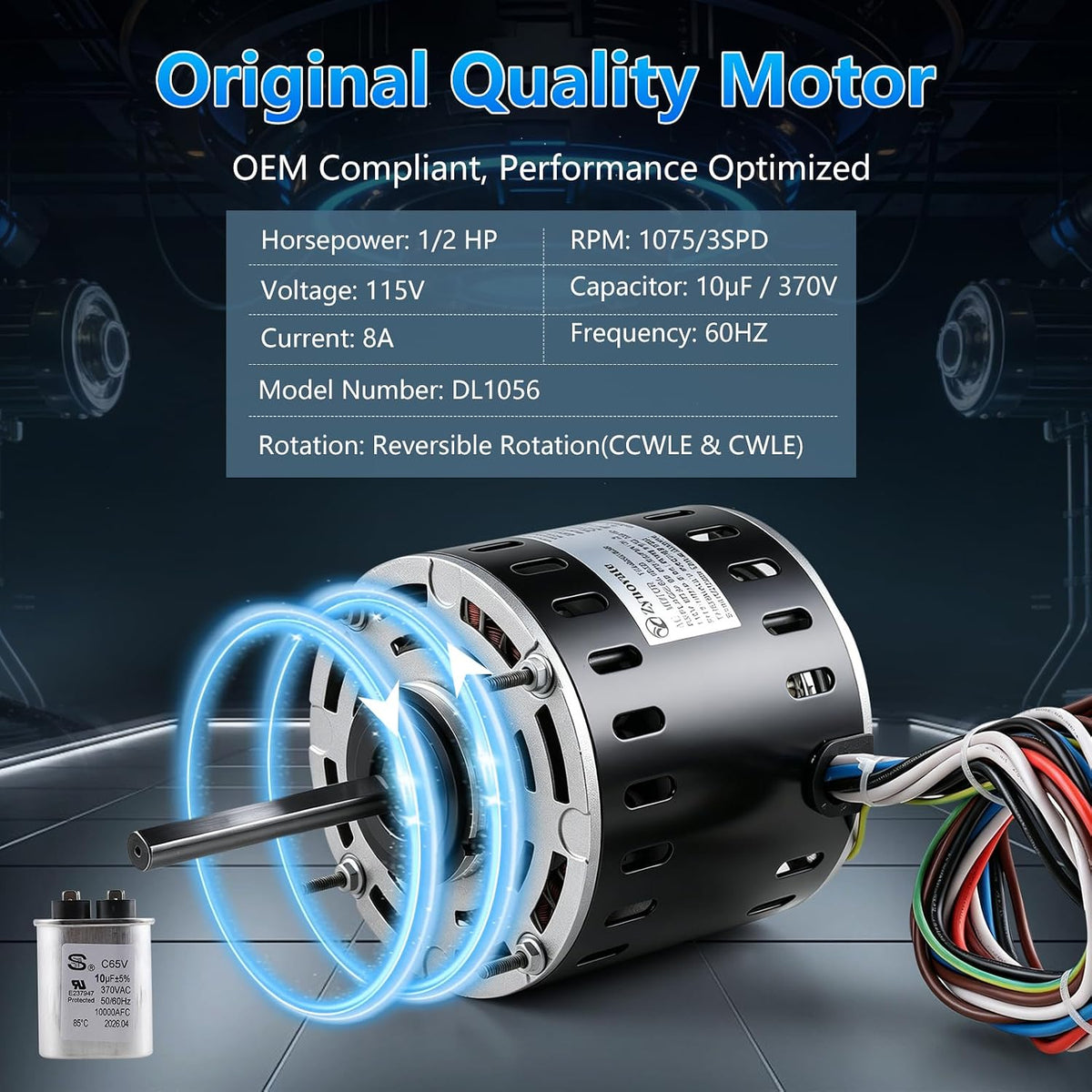 DL1056 Sleeve Bearing Direct Drive Blower Motor 1/2 HP 1075RPM 3 Speed 115V