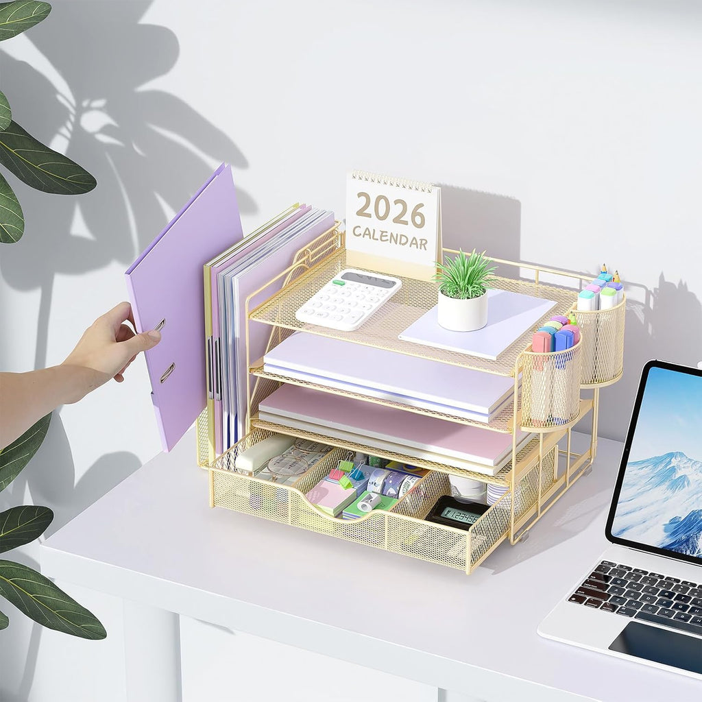 Desk Organizers and Accessories with File Holder, 4-Tier Desk Accessories & Workspace Organizers with Drawer and 2