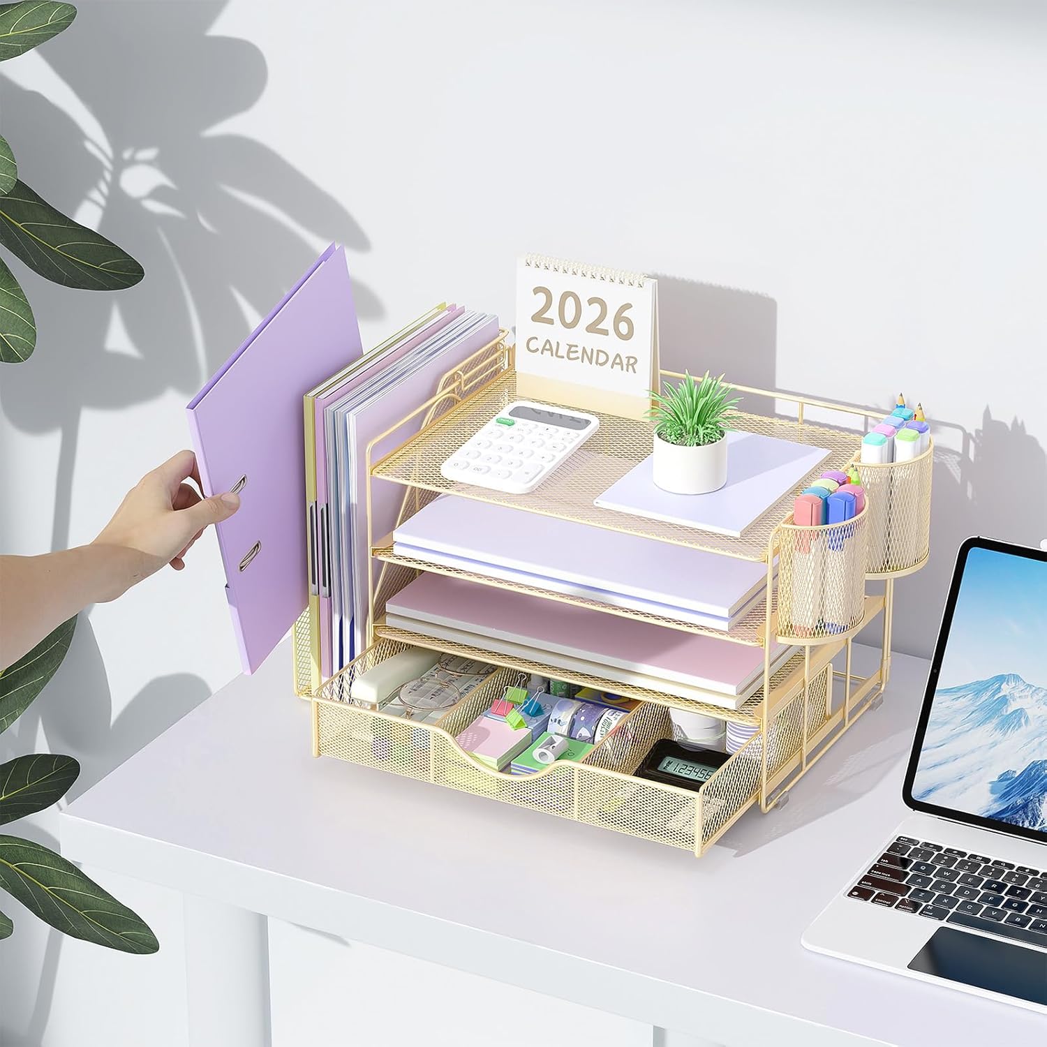 Desk Organizers and Accessories with File Holder, 4-Tier Desk Accessories & Workspace Organizers with Drawer and 2
