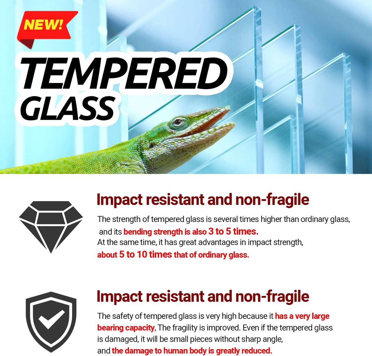 Reptile Tempered Glass Extra-Long Terrarium Habitats 48" x 18" x 18" Reptile Amphibians Large Enclosure for