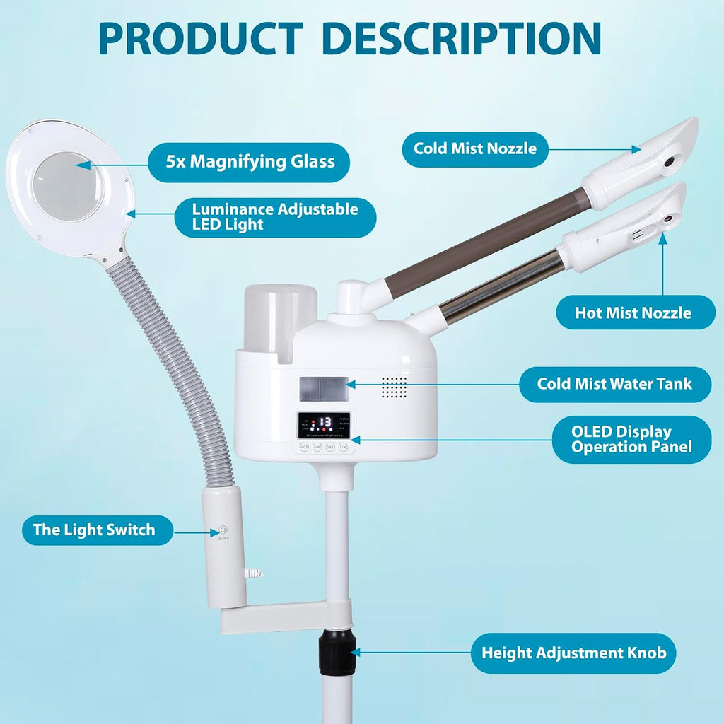 Professional 3 in 1 Facial Steamer for Face Deep Cleaning Ozone Face Steamer with 5X Magnifying Lamp Hot Mist