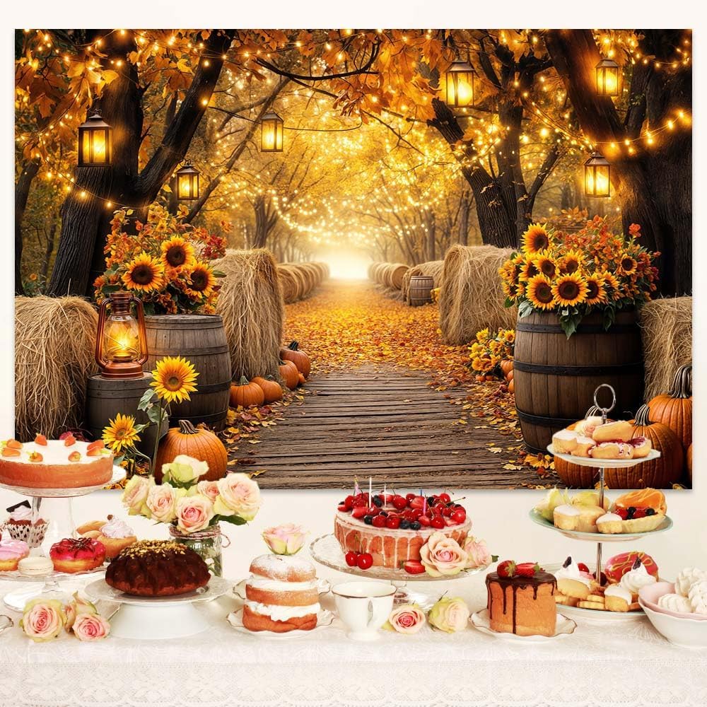 Fall Photo Backdrop, Autumn Forest Scenery Maple Leaves Pumpkins Sunflowers Photography Background, Fall Farm Harvest