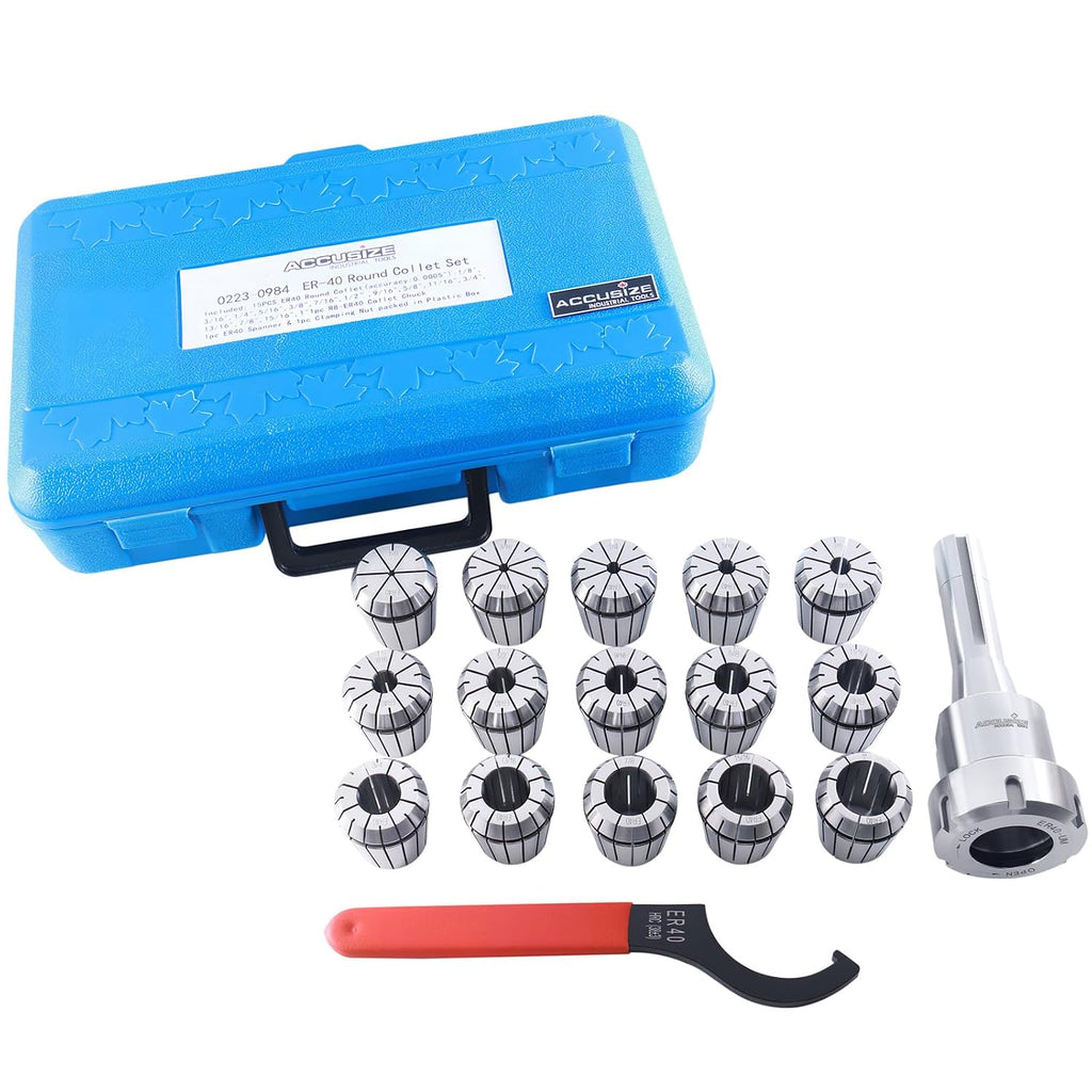 Accusize Industrial Tools ER40 Collet System, R8 Shank, 15 Pcs, 0223-0984