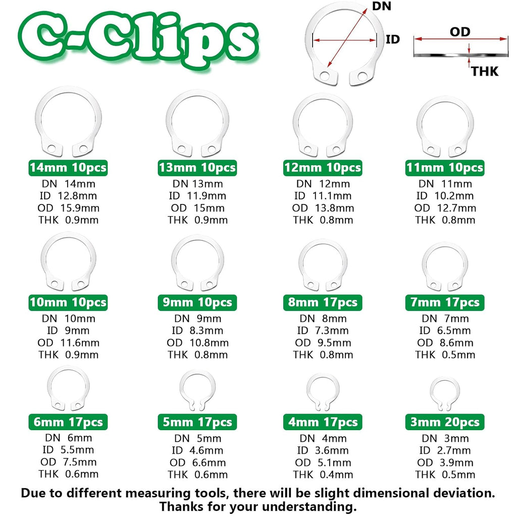 330PCS Snap Rings Kit, E Clips Kit (1.2-10MM) and C Clips Kit (3-14MM)