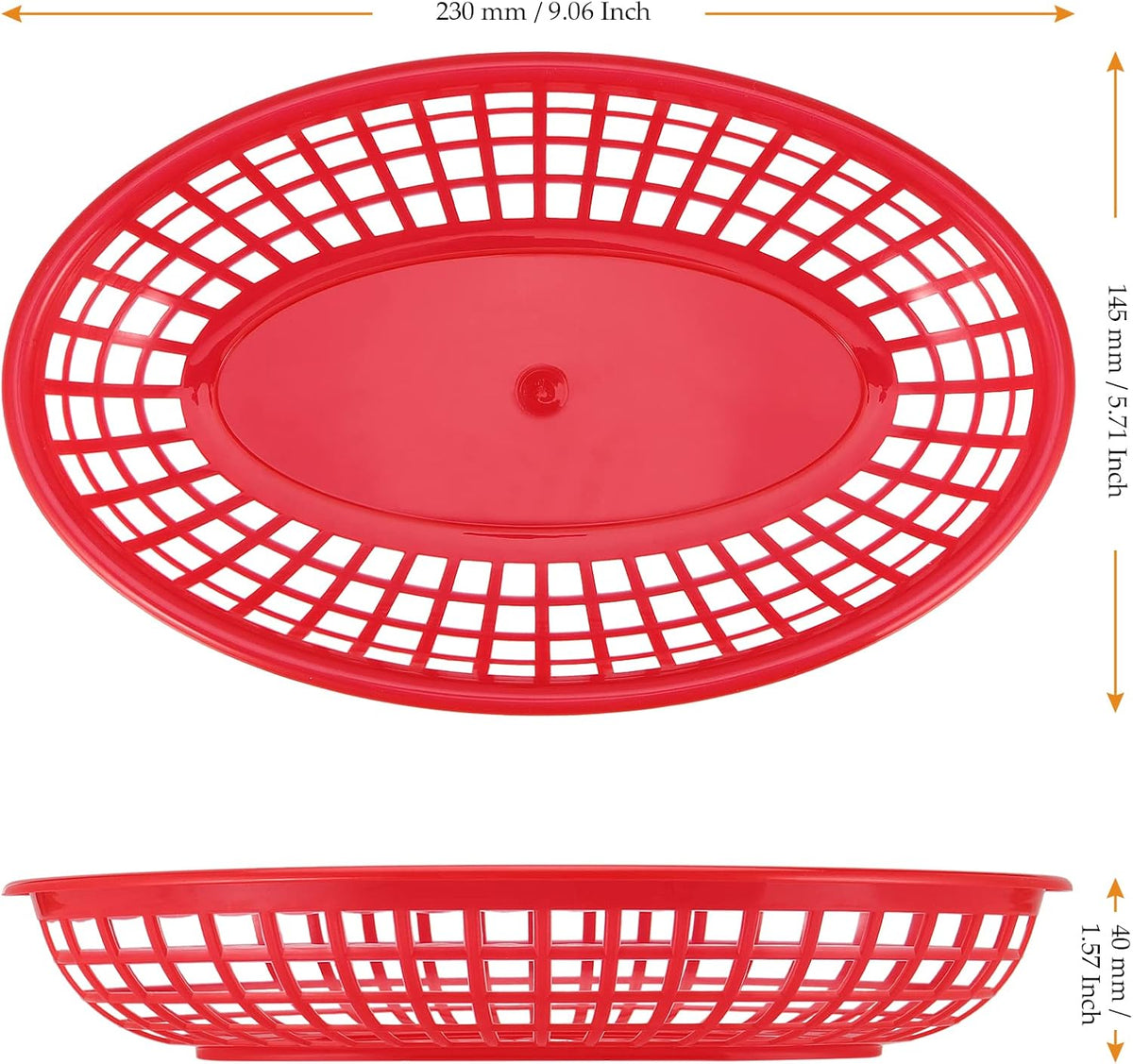 60 Pack Red Plastic Fast Food Serving Baskets, 9 x 5.6 x 1.5 Inch Oval Restaurant Serving Baskets for Bread, Fried
