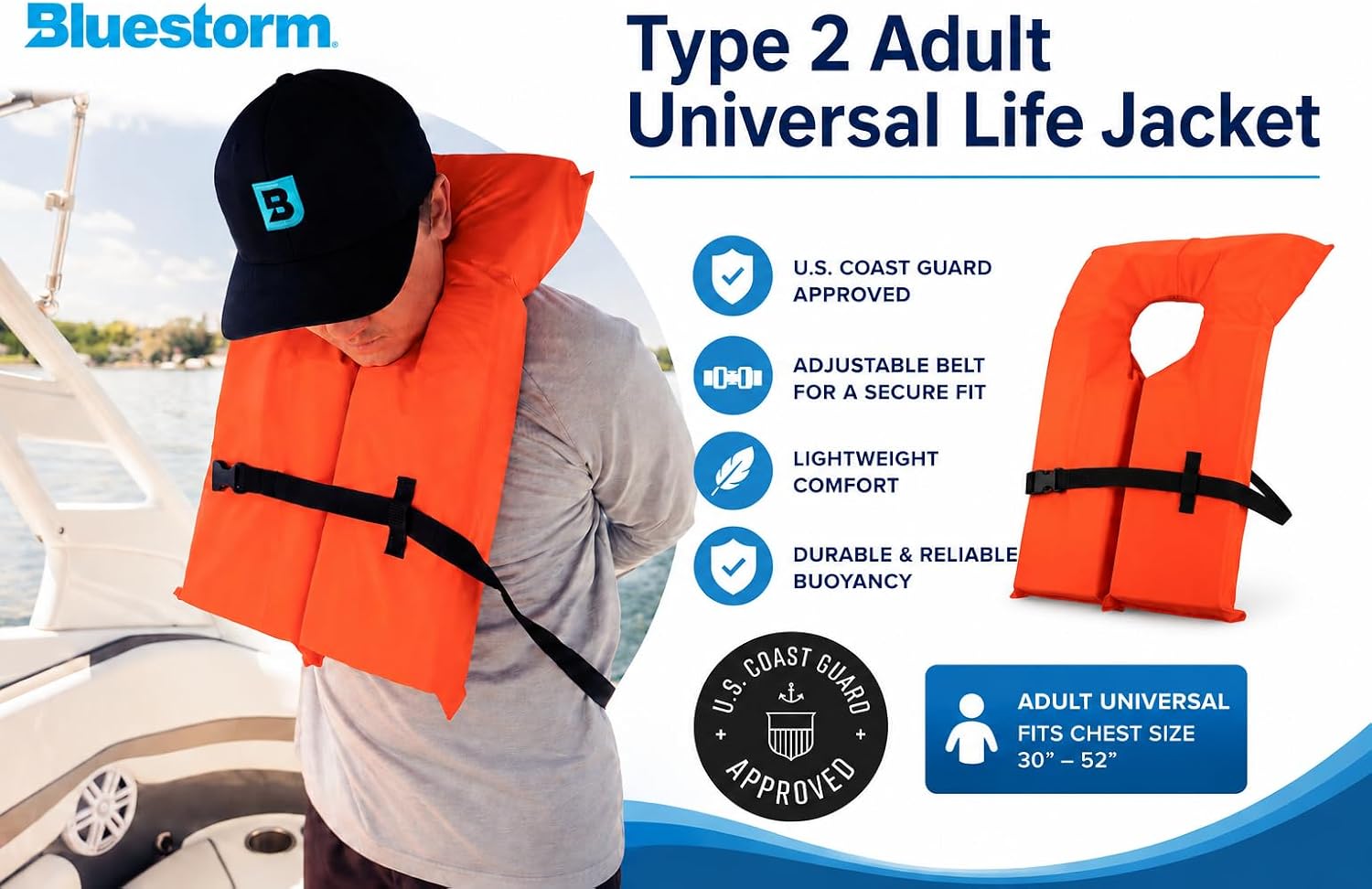 Keyhole Life Jacket for Adults | US Coast Guard (USCG) Approved Type 2 Basic Universal Foam Life Vest Preserver (PFD)