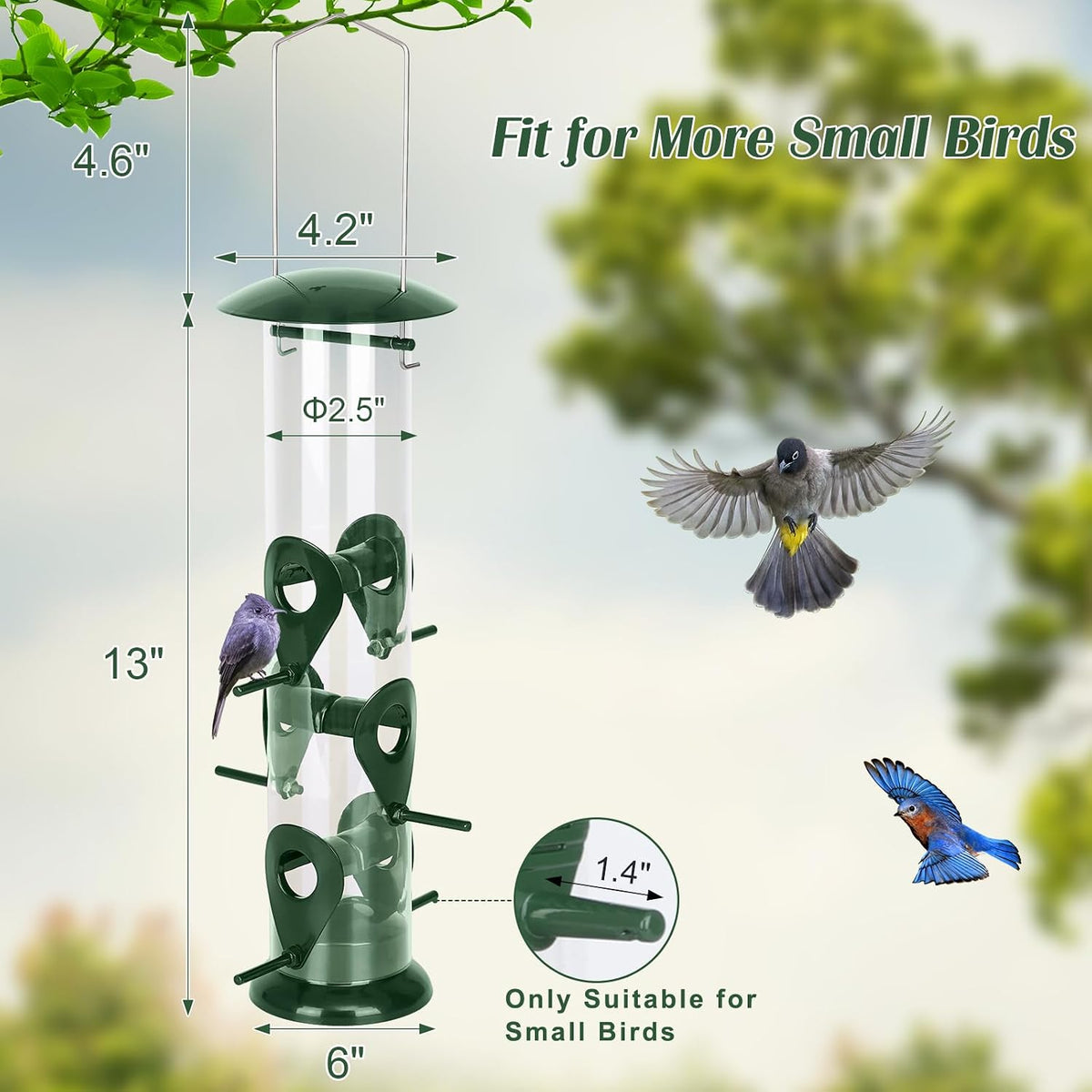 Bird Feeder for Outdoors Hanging, 13" 6 Ports, Clear Tube