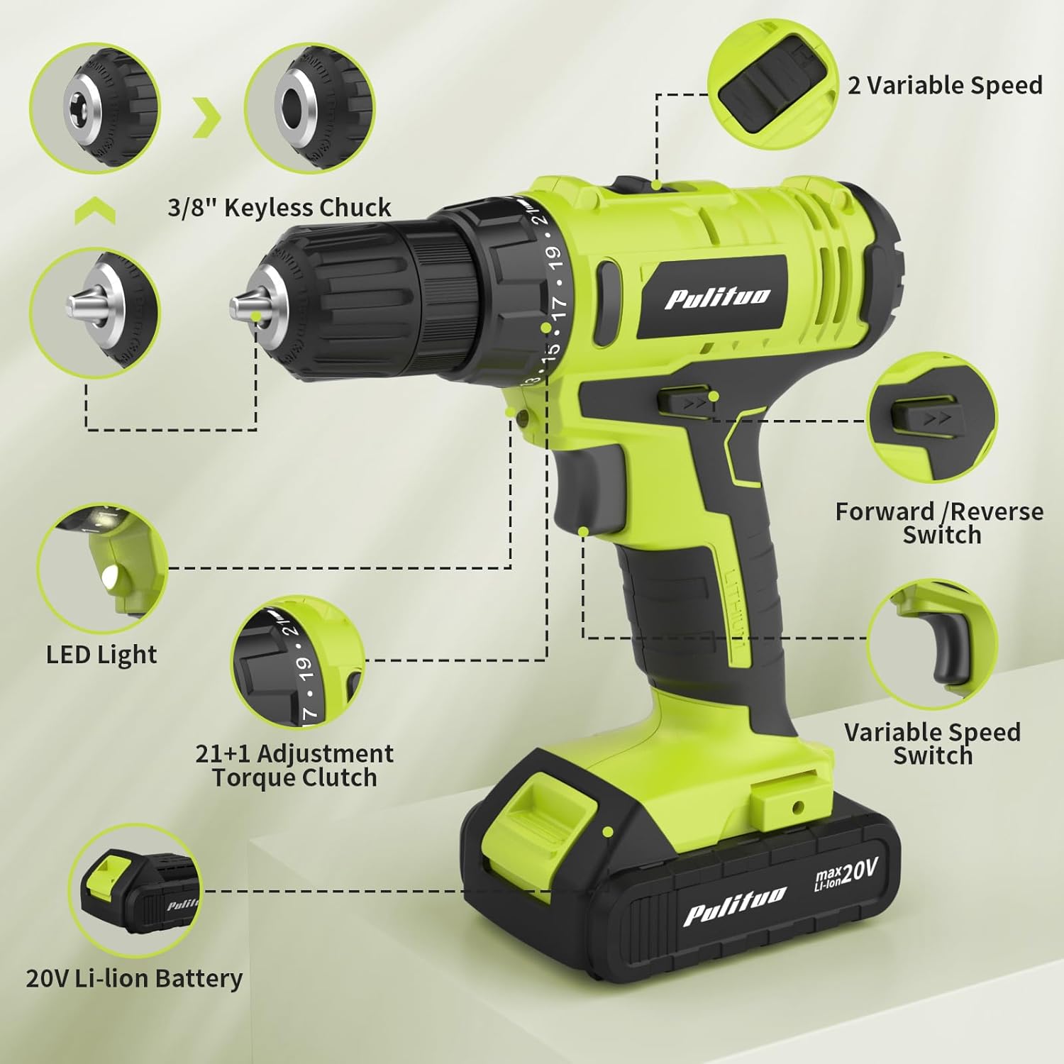 'S 20V Cordless Drill/Driver, Electric Screwdriver - 2 Batteries, 30Nm, 21+1 Torque, 2 Speed, Keyless 3/8" Chase