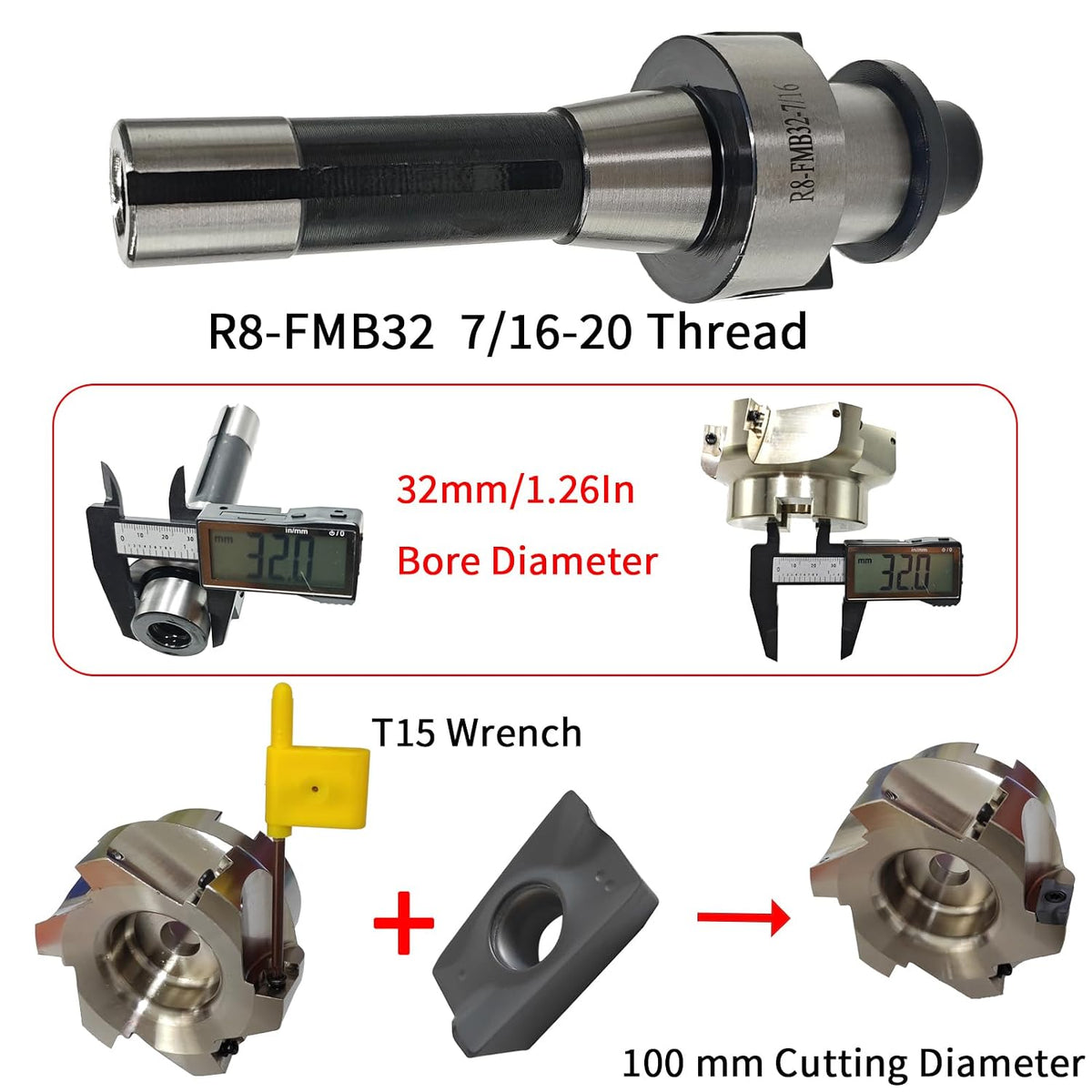 R8 Face Mill, R8 Shell Mill Set, 3.94"/100 mm Diameter, 7/16-20UNF Shank