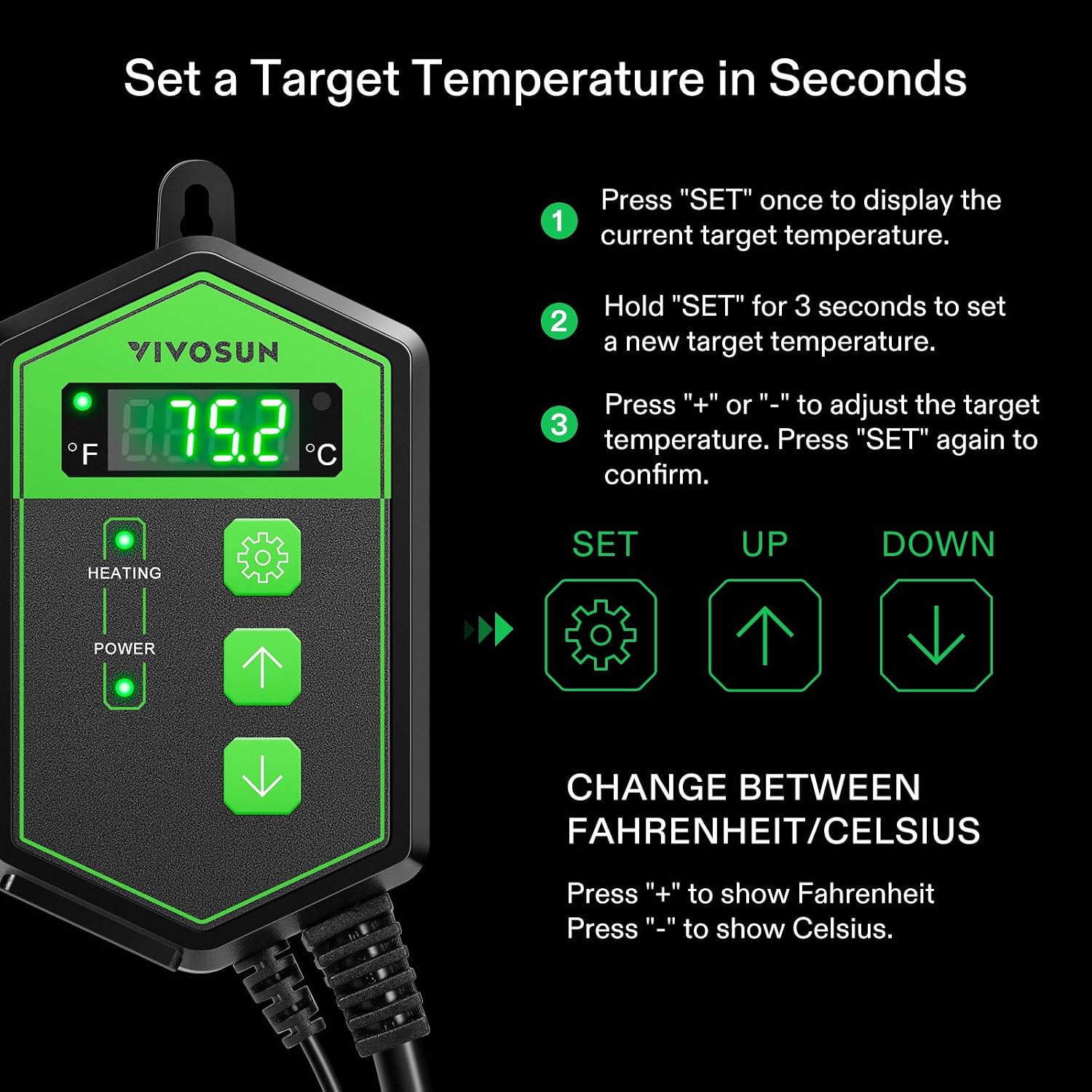 Digital Heat Mat Thermostat Controller, 40–108 ºF 1000W for Reptiles, Seedlings, Germination, Incubation and
