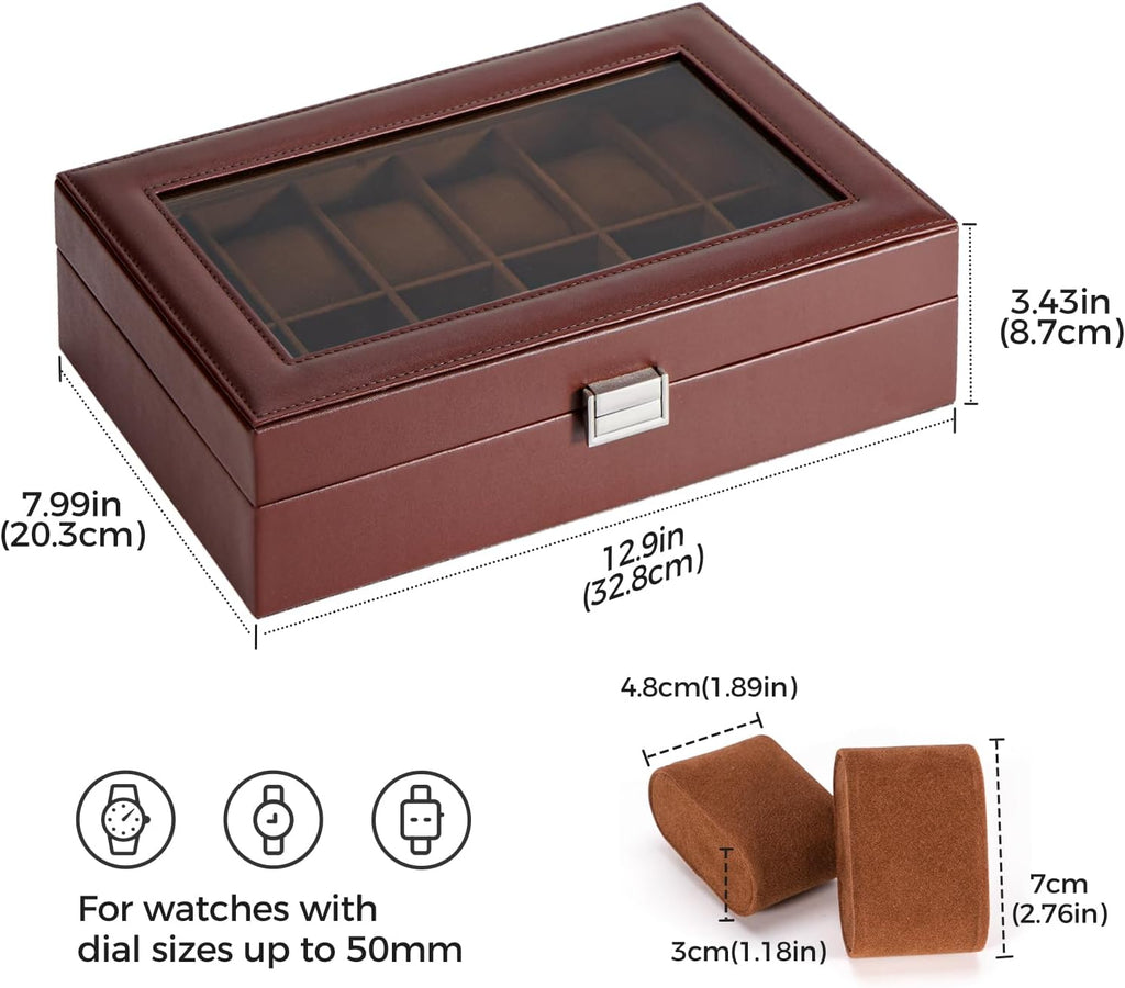 Watch Box Organizer, 12 Slot Watch Display Case, Brown | Watches Storage Boxes Holder for Men Women, Large Glass Lid