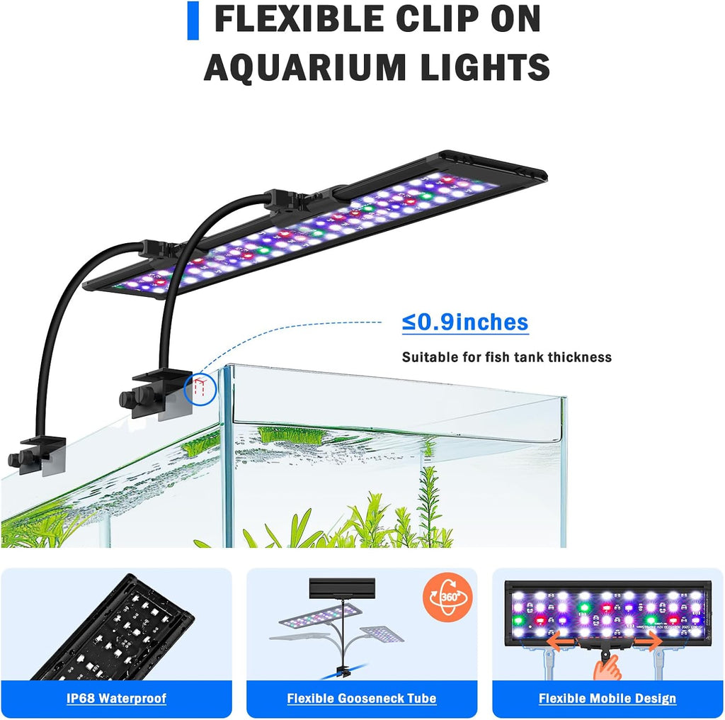 Clip On Aquarium Light, 24/7 & DIY Mode Full Spectrum Fish Tank Light | Adjustable Timer & Brightness, Memory