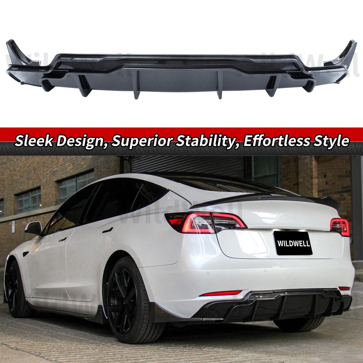 WildWell Rear Bumper Diffuser Compatible with 2017-2023 Tesla Model 3