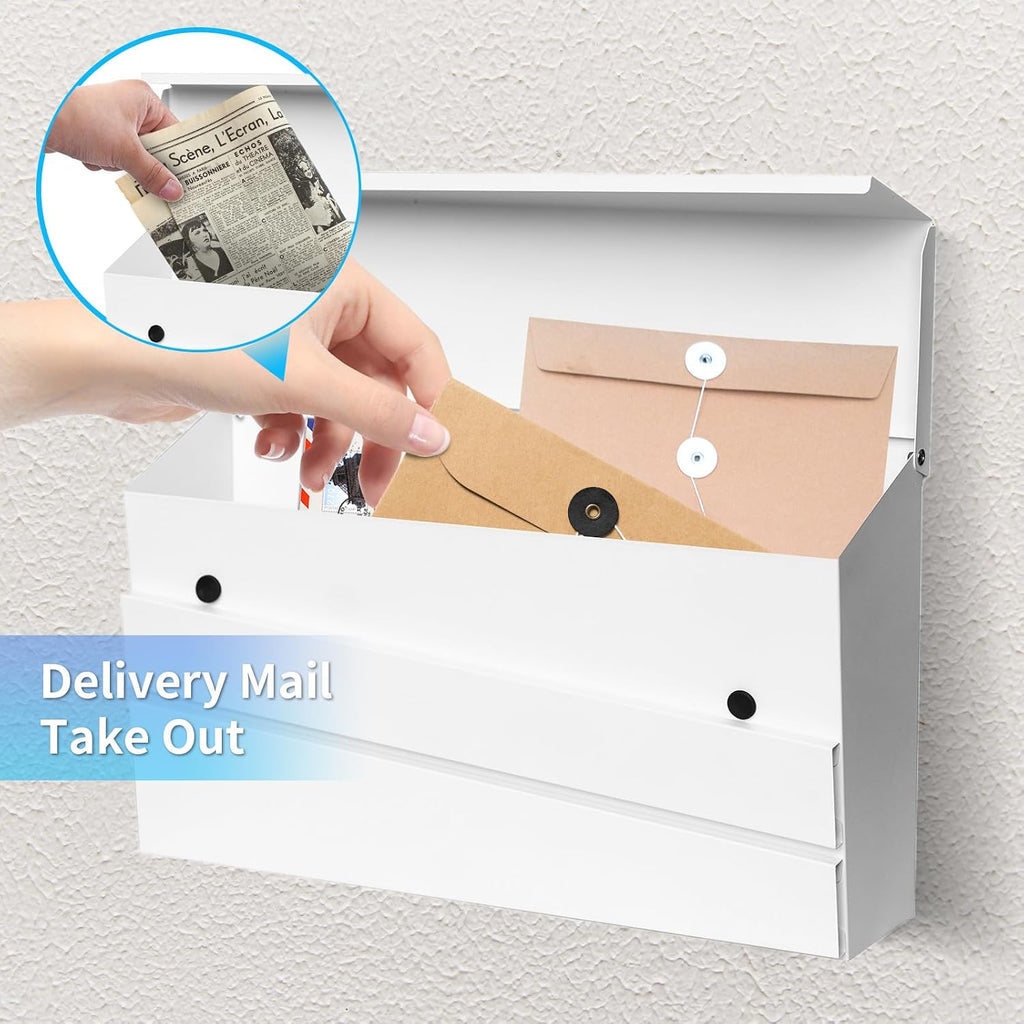 Wall-Mount Mailbox White | No Lock Rust-Resistant Large Capacity Mailbox, Modern Drop Mailboxes for Outside